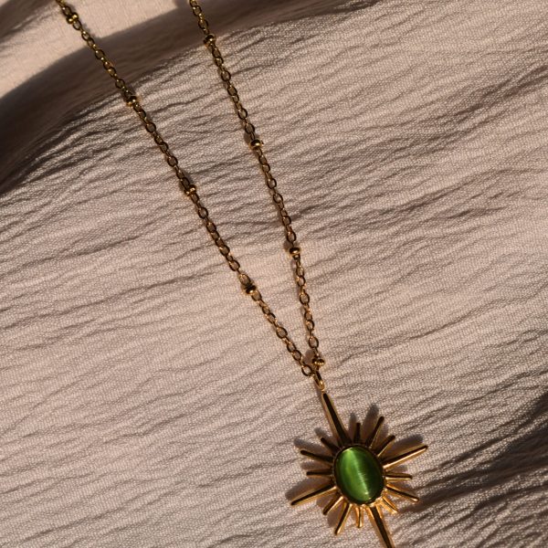 Gold Sunburst Green Stone Necklace