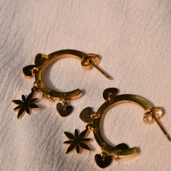 Gold Hoop Earrings with Heart & Flower Charms