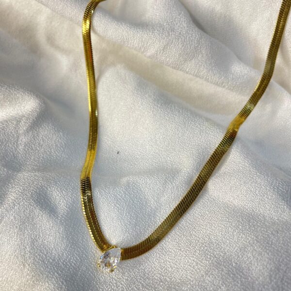 Gold-Plated Snake Chain Necklace with Teardrop Crystal Pendant