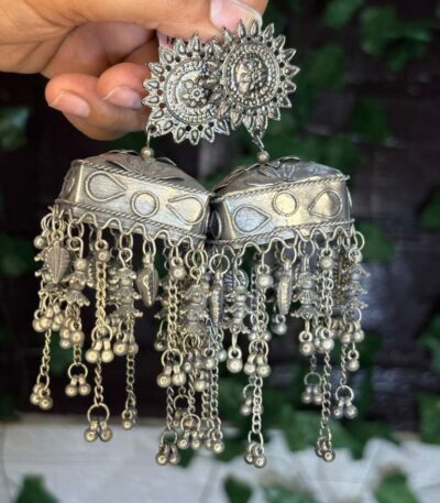 Silver Sun Mirror Work Jhumkas