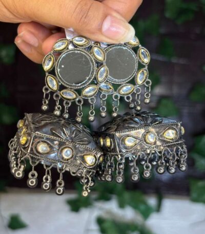 Silver Mirror Chandbali Jhumkas