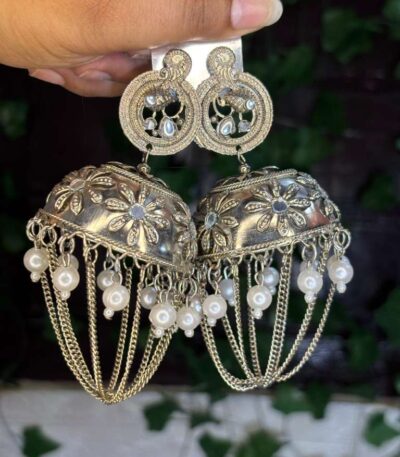 Gold Plated Pearl Chain Jhumkas