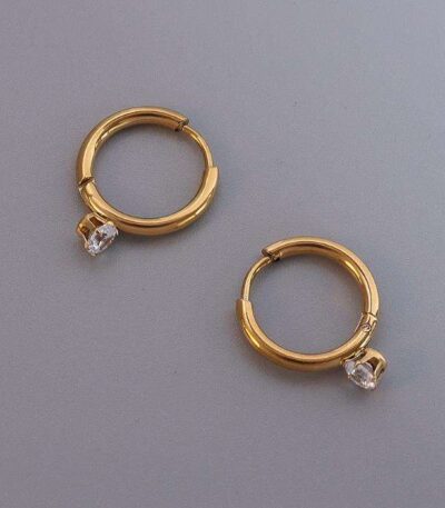 Gold Huggie Earrings with Solitaire Crystal Stone for Women