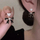 Elegant Heart & Bow Black Drop Earrings