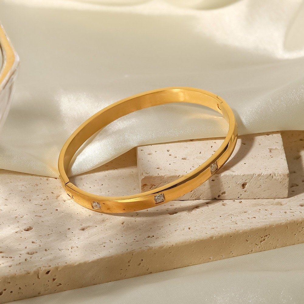 Gold Bangle Bracelet with Stone - Image 2