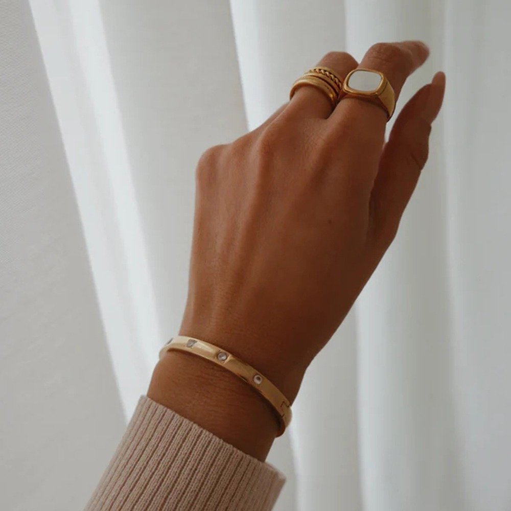Gold Bangle Bracelet with Stone - Image 3