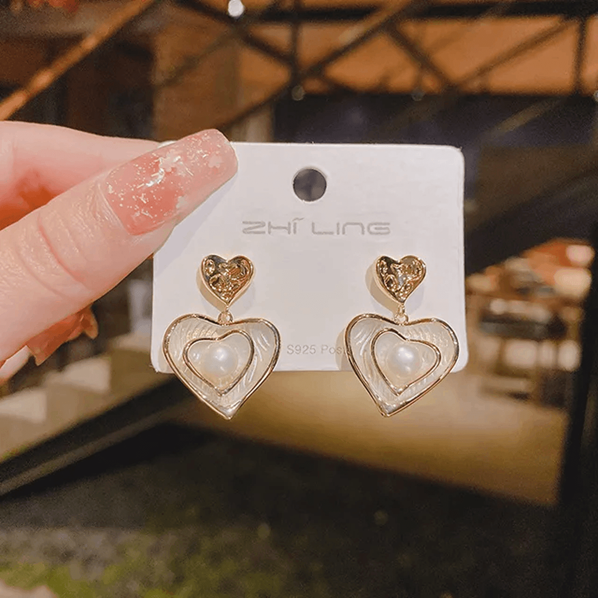 Gold Plated Korean Marvelous Dual Hearts Pearl Drop Earrings - Image 3