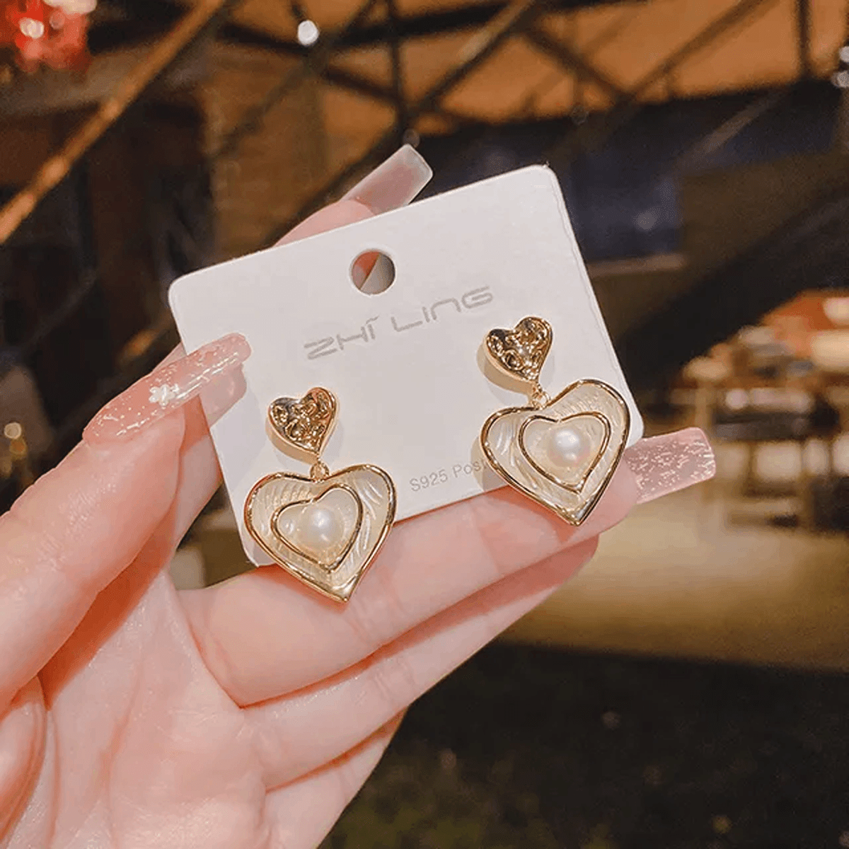 Gold Plated Korean Marvelous Dual Hearts Pearl Drop Earrings - Image 4