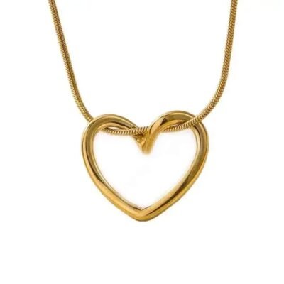 18k gold-plated open heart pendant on snake chain necklace against white background