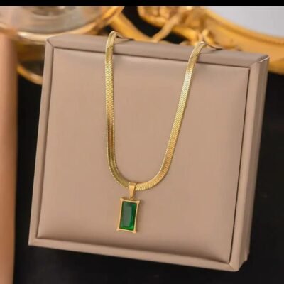 18k gold-plated green stone pendant necklace on herringbone chain