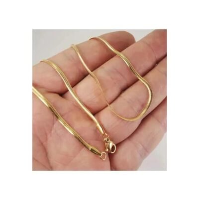 Gold snake chain necklace coiled in palm showing flat link texture