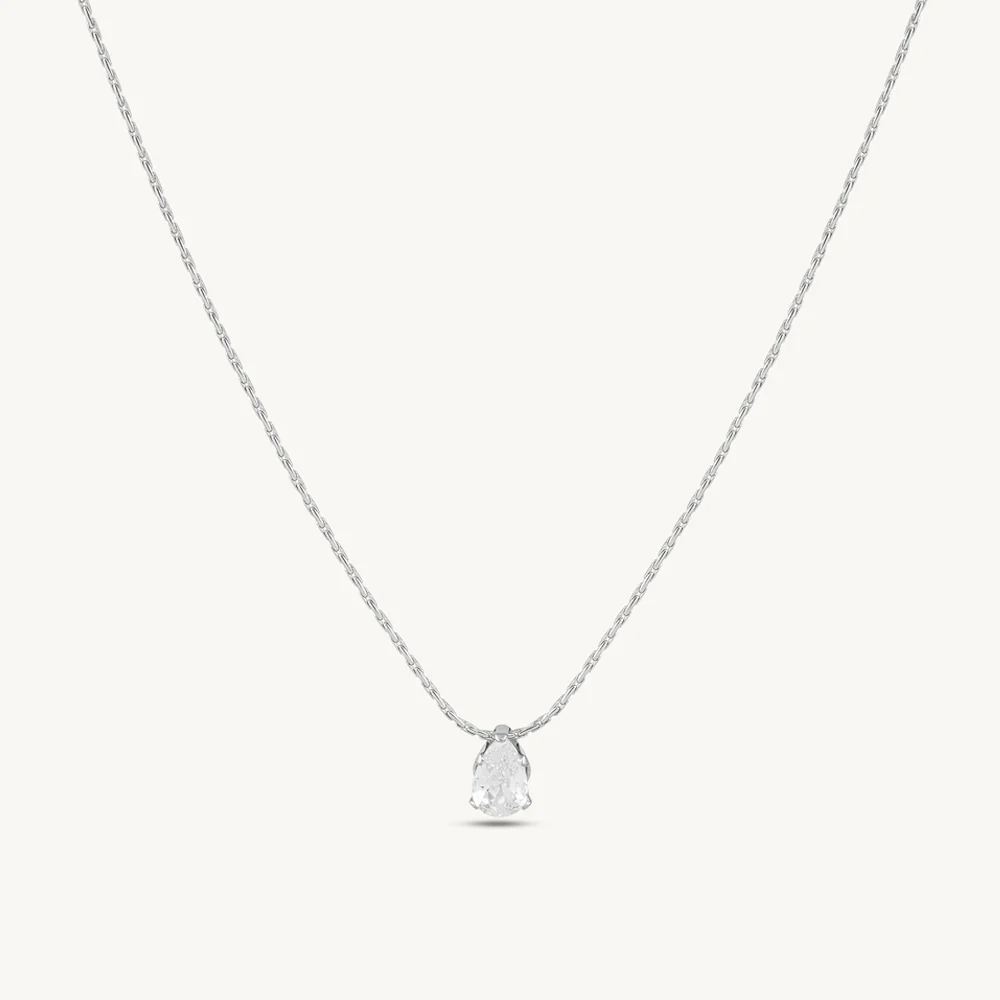 Silver necklace with pear-cut cubic zirconia solitaire pendant on chain