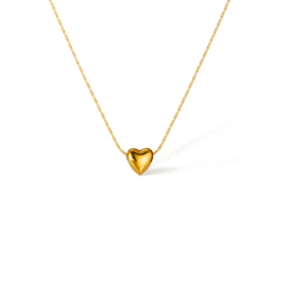 18k gold-plated puffy heart pendant on fine chain against white background