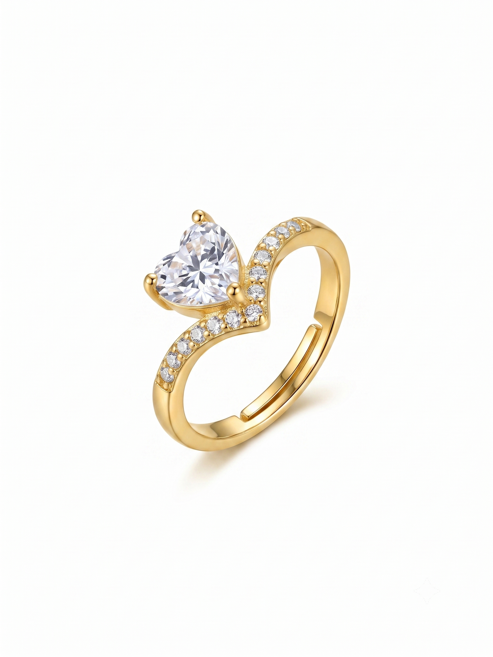 Adjustable gold ring featuring sparkling heart-shaped cubic zirconia stone
