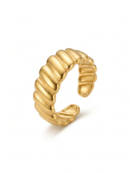 Chunky gold croissant ring with ribbed twist design on white background