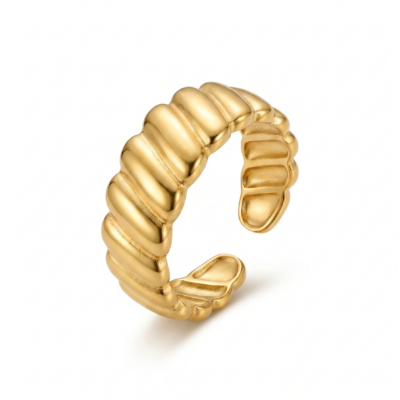 Chunky gold croissant ring with ribbed twist design on white background