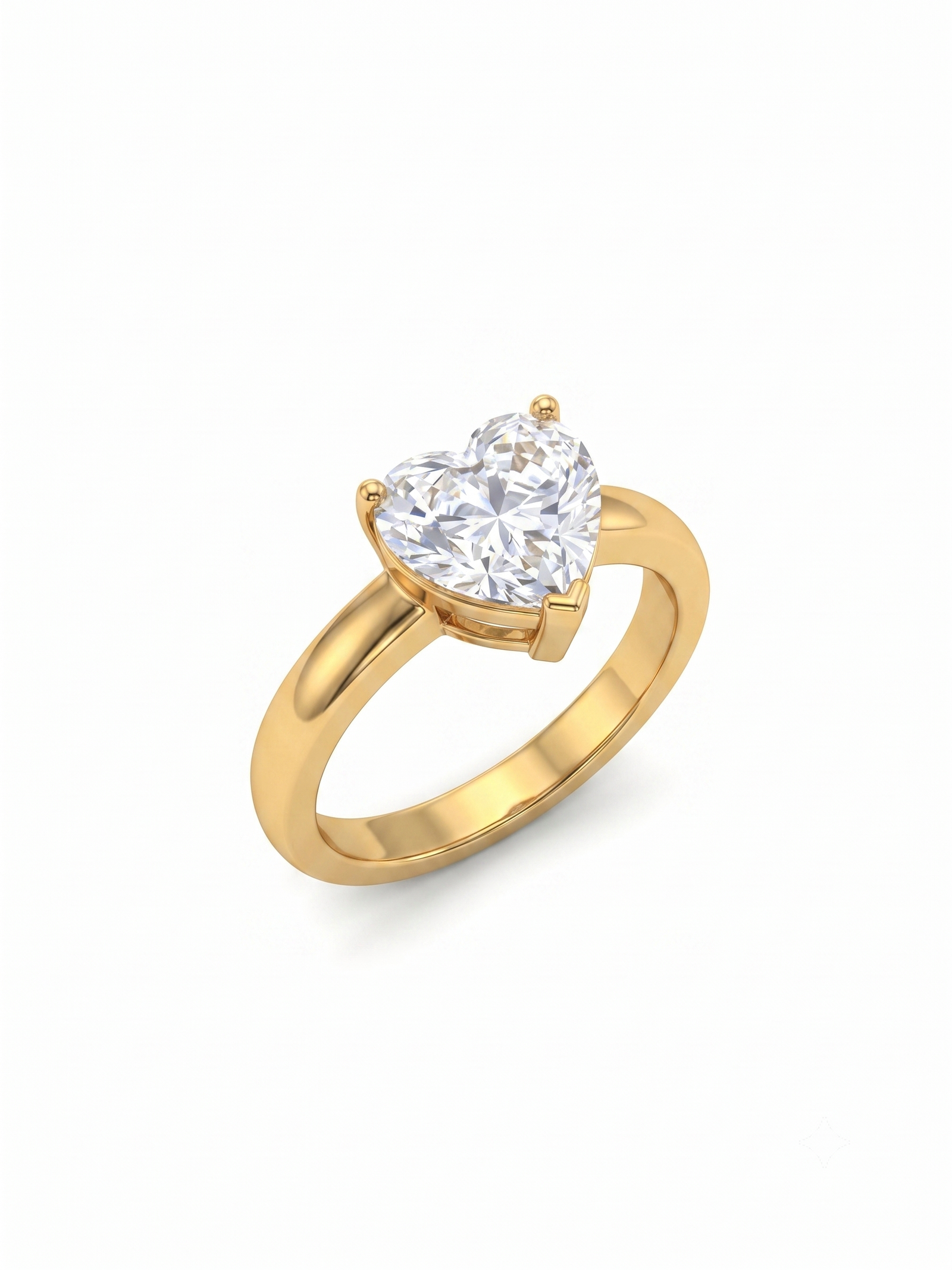Gold heart-shaped solitaire ring with chunky band on white background