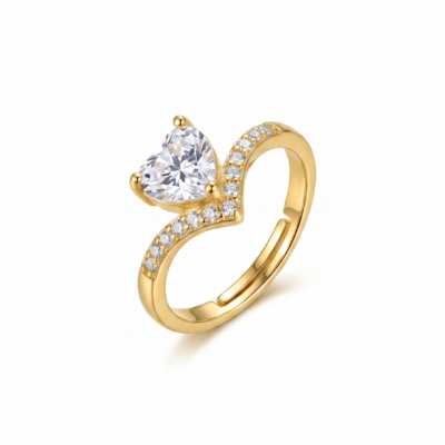 Adjustable gold ring featuring sparkling heart-shaped cubic zirconia stone