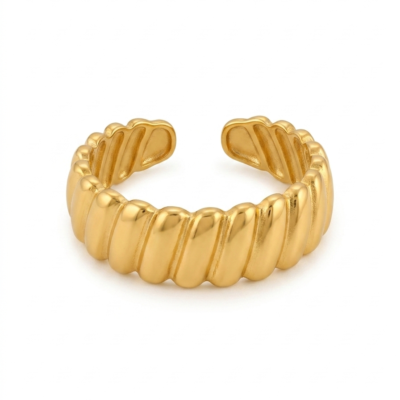 Adjustable gold ring with open band and dimensional ribbed texture