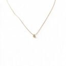 Dainty gold necklace with round crystal pendant worn around the neck